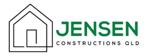 Jensen Constructions QLD logo featuring a modern green and black design with a minimalist house outline, representing expert custom home builders in Queensland.