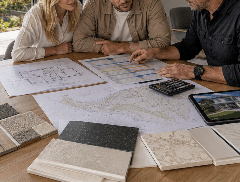 Homeowners comparing custom home builder quotes with a Brisbane builder