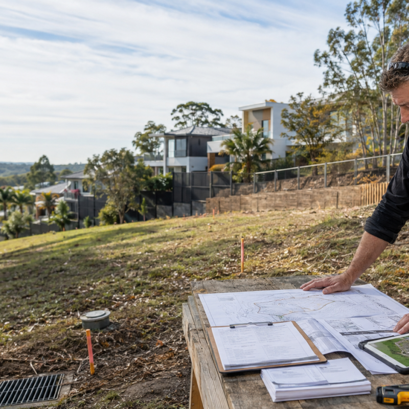 Builder reviewing a Brisbane building site assessment before designing a custom home